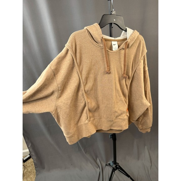 Nike Light Brown Ribbed Panel Oversized Cropped Fleece Hoodie Women's Size 3X - Picture 2 of 10